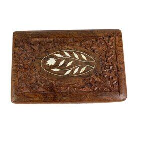 Vintage Wood Trinket Box Hand Carved Inlay Jewelry Box Storage